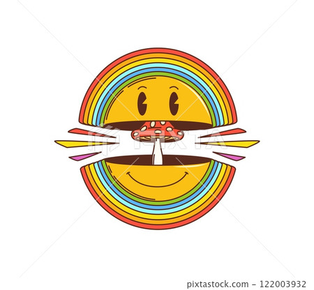 Groovy smile in retro hippie cartoon with mushroom and rainbow, vector emoji symbol. Funky groovy smile with happy face, psychedelic amanita mushroom and rainbow rings for hippie trippy emoticon 122003932