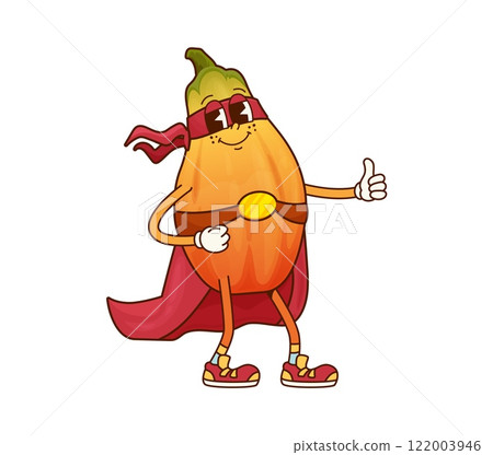 Groovy papaya fruit superhero character. Cartoon vector defender personage in cape and mask giving thumbs up. Funny cheerful fairytale fruit, healthy vitamin food, brave tropical papaya ready for feat Groovy papaya fruit superhero character. Cartoon vector defender personage in cape and mask giving thumbs up. Funny cheerful fairytale fruit, healthy vitamin food, brave tropical papaya ready for feat 122003946