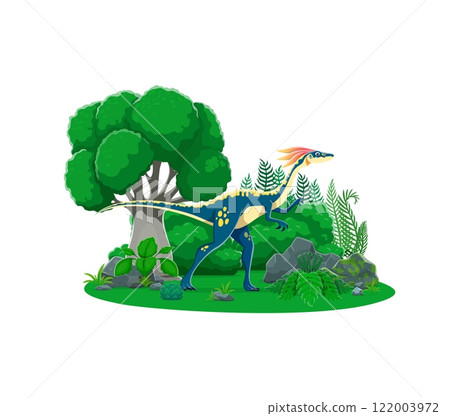 Compsognathus prehistoric dinosaur in a jungle environment. Cartoon vector carnivorous dino lived during the late jurassic period features bright colors and surrounded by lush ferns, trees and rocks Compsognathus prehistoric dinosaur in a jungle environment. Cartoon vector carnivorous dino lived during the late jurassic period features bright colors and surrounded by lush ferns, trees and rocks 122003972