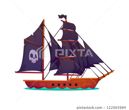 Pirate sail ship, cartoon vector sea buccaneer and corsair sailing transportation. Old frigate with black sails, jolly roger skull, flag and wooden hull. Brigantine on ocean waves ready for adventure Pirate sail ship, cartoon vector sea buccaneer and corsair sailing transportation. Old frigate with black sails, jolly roger skull, flag and wooden hull. Brigantine on ocean waves ready for adventure 122003984