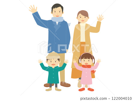 Illustration of a family of four in winter clothes waving hands 122004010