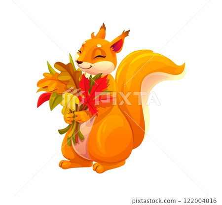 Squirrel cartoon character with autumn leaves as funny wild animal, vector personage. Happy squirrel holding bunch of oak and maple leaf for autumn or fall season and cheerful cute wild forest animal 122004016