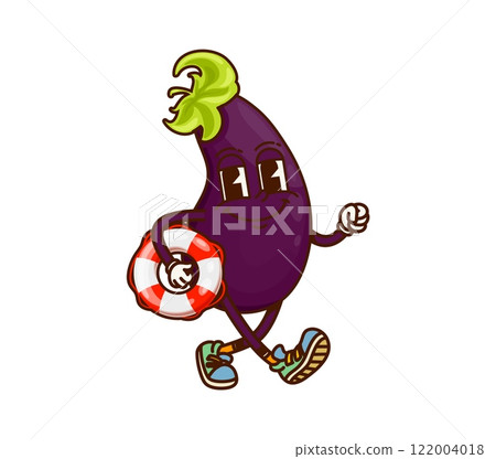 Cartoon groovy eggplant vegetable character on summer vacation carrying a swimming ring, exuding playful and cheerful vibes. Vector funky ripe veg personage depicting holiday joy and beach relaxation 122004018