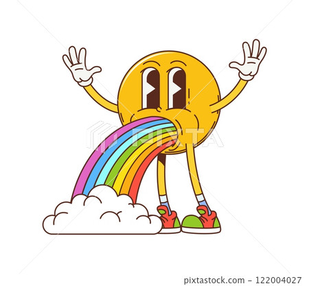 Groovy yellow smile face retro hippie character with rainbow barf emanating joy and peace. Vector funky emoji personage, psychedelic emoticon vomiting a rainbow with clouds, highlighting nostalgic fun Groovy yellow smile face retro hippie character with rainbow barf emanating joy and peace. Vector funky emoji personage, psychedelic emoticon vomiting a rainbow with clouds, highlighting nostalgic fun 122004027