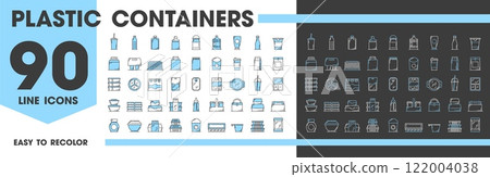 Plastic food containers and package line icons vector set. Linear signs of disposable cup, bottle, tray, box and wrap, coffee mugs, bags and plates. Jar, milk bottle, fast food packs and snack dishes Plastic food containers and package line icons vector set. Linear signs of disposable cup, bottle, tray, box and wrap, coffee mugs, bags and plates. Jar, milk bottle, fast food packs and snack dishes 122004038