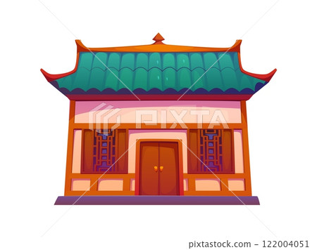 Chinese building, traditional asian china town house with a green tiled roof, ornate wooden windows, and warm colors. Cartoon vector architecture exudes cultural authenticity, heritage, and culture 122004051