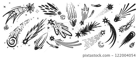 Doodle space shooting stars with trails, hand drawn starburst silhouettes in the night sky. Vectors set of black meteors or asteroids. Cosmic falling comets with traces, streaks of light, magic energy 122004054