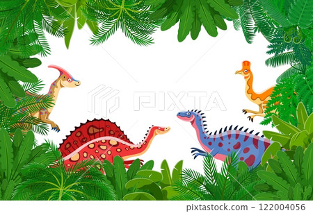 Prehistoric dinosaur characters in jungle forest frame. Vector rectangular border with cartoon dino characters and lush tropical foliage, plants, palm tree leaves and ferns around blank space for text 122004056