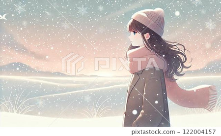 A woman standing in the snow 122004157