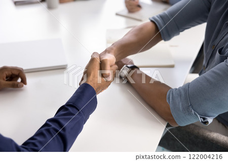 Two young diverse businessmen shaking hands over meeting table 122004216