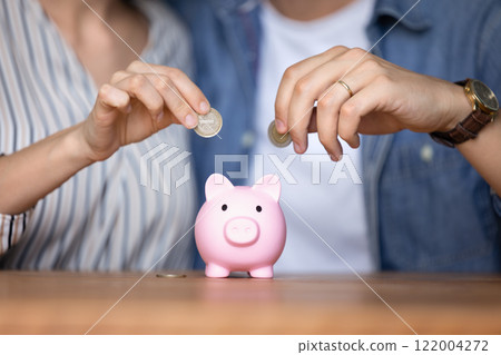 Hands of young couple throwing coins into ceramic piggy bank Hands of young couple throwing coins into ceramic piggy bank 122004272