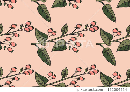 Botanical abstract seamless branch with leaves and berries pattern vector illustration. Repeating tree plant print in pink pastel colors. Graphic design for Wallpaper Wedding Cover Wrapping Textile Botanical abstract seamless branch with leaves and berries pattern vector illustration. Repeating tree plant print in pink pastel colors. Graphic design for Wallpaper Wedding Cover Wrapping Textile 122004334