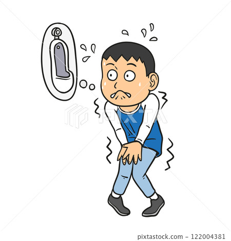 Cartoon man waiting for toilet with abdominal pain 122004381