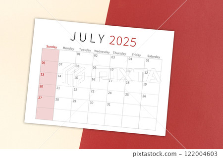 July 2025 calendar page on yellow and red background. 122004603