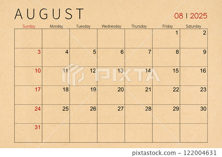 August craft brown paper calendar page for 2025 year. 122004631