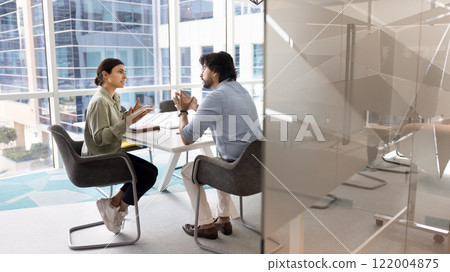 Two Indian business colleagues talking in meeting room behind glass Two Indian business colleagues talking in meeting room behind glass 122004875
