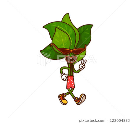 Cartoon groovy spinach vegetable character on summer vacation. Isolated vector fun and vibrant green veggie sporting sunglasses and beach shorts, striking a playful pose, promotes healthy lifestyle 122004883