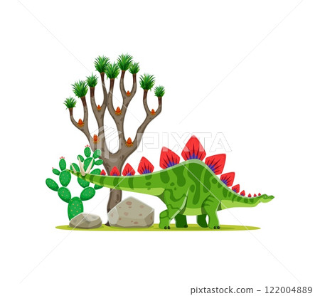 Cartoon prehistoric stegosaurus dinosaur character. Isolated vector dino with row of plates along its back and spiked tail, stands near cacti and desert vegetation. Herbivore of Late Jurassic period Cartoon prehistoric stegosaurus dinosaur character. Isolated vector dino with row of plates along its back and spiked tail, stands near cacti and desert vegetation. Herbivore of Late Jurassic period 122004889