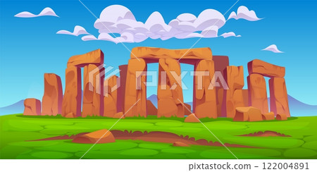 Stonehenge landscape, ancient travel landmark, mysterious dolmen in England. Cartoon vector iconic stone formations under clear blue sky with scattered clouds, capturing the essence wonder and mystery Stonehenge landscape, ancient travel landmark, mysterious dolmen in England. Cartoon vector iconic stone formations under clear blue sky with scattered clouds, capturing the essence wonder and mystery 122004891