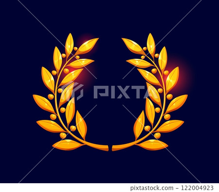 Golden laurel wreath icon, game asset features shiny leaves and berries. Cartoon vector gold laurel branches symbolizing awards or celebration, victory and achievement for use in fantasy games or apps 122004923