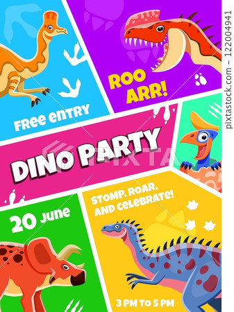 Kids party flyer with funny dino characters. Vector invitation designed as colorful collage with funny prehistoric dinosaur animals and event details. Poster inviting kids to celebration or attraction 122004941