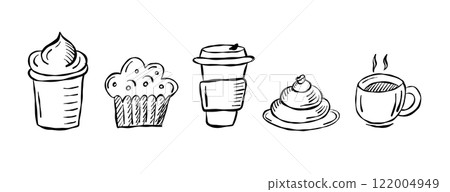 Sweet treats and beverages displayed in a stylish cafe setting with various desserts and drinks on a clean white background Sweet treats and beverages displayed in a stylish cafe setting with various desserts and drinks on a clean white background 122004949