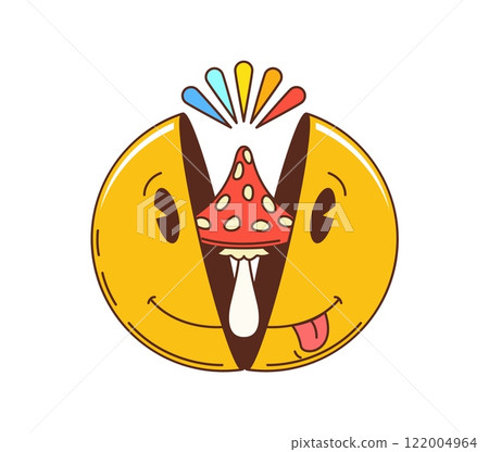 Retro hippie groovy cartoon smile with mushroom amanita, vector funny emoji symbol. Funky groovy psychedelic smile with freaky tongue out and mushroom from head for hippie trippy vibe face emoticon 122004964