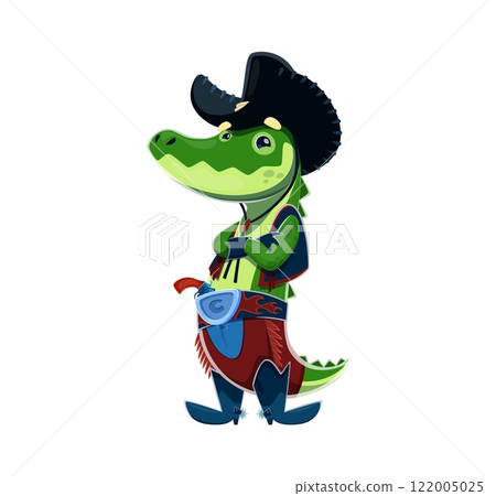 Cartoon crocodile wild west animal cowboy and sheriff, ranger and bandit character shows playful expression. Isolated vector alligator personage wearing western wide brimmed hat and leather boots 122005025