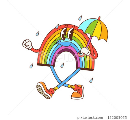 Retro hippie groovy rainbow with umbrella under rain, vector cartoon character. Groovy rainbow with happy face and whistling melody walking under rain with umbrella for psychedelic hippie character 122005055