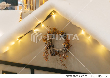 New Year's decor in a hypermarket. festive Christmas decorations in the mall 122005137