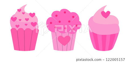 Set of Pink Valentine Day Cupcakes. Vector flat illustration. Set of Pink Valentine Day Cupcakes. Vector flat illustration. 122005157