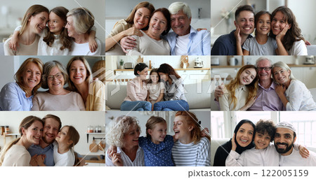 Collage of happy multi-generational families smiling looking at camera Collage of happy multi-generational families smiling looking at camera 122005159