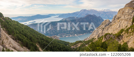 Panoramic view of Kotor Bay Boca and mountains from mountain view point in Montenegro in winter time Panoramic view of Kotor Bay Boca and mountains from mountain view point in Montenegro in winter time 122005206