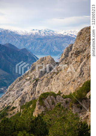 Panoramic view of Kotor Bay Boca and mountains from mountain view point in Montenegro in winter time 122005213