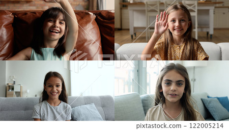 Collage of four cute multiethnic girls make videocall at home 122005214