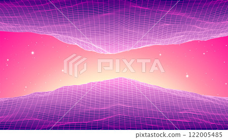 Retro low poly grid landscape with polygonal mountain, palm trees silhouettes and sun, vector illustration. 80s style synthwave landscape with neon grid mountains, palm trees silhouettes and sun. Retro low poly grid landscape with polygonal mountain, palm trees silhouettes and sun, vector illustration. 80s style synthwave landscape with neon grid mountains, palm trees silhouettes and sun. 122005485