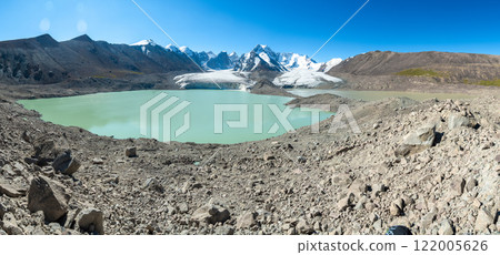 Panorama of the foothills of Mount Kyzylasker, a glacier with a moraine blue lake in the highlands. Ancient arctic large glacier in sunny weather 122005626