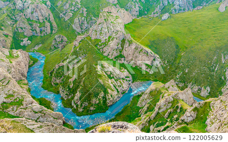 Panorama view from above of the winding Kokiya River in southern Kyrgyzstan in spring in clear weather Panorama view from above of the winding Kokiya River in southern Kyrgyzstan in spring in clear weather 122005629