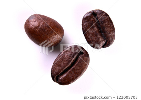 Three coffee beans close-up shot from directly above 122005705