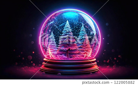 Snowball with neon light effects featuring winter trees in a playful display 122005882