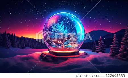 Neon snow globe with a glowing tree under a starry night sky in a winter landscape 122005883