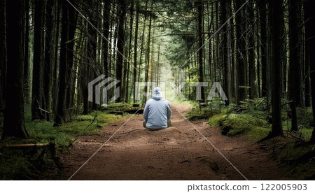 Man isolated in a dense forest reflecting on his surroundings and searching for a way out 122005903