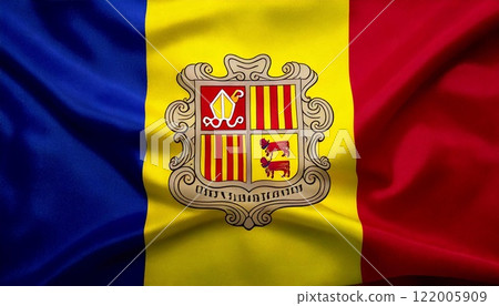 Flag of Andorra waving in gentle breeze showing national colors and emblem details 122005909