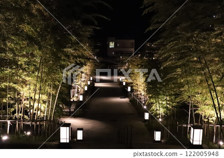 The bamboo forest and walkway in Nagato Yumoto illuminated at night 122005948