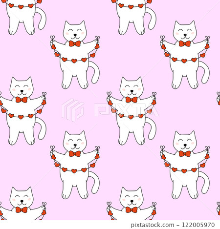 Seamless Pattern with Valentine day Cat character with garland. Vector flat illustration. 122005970