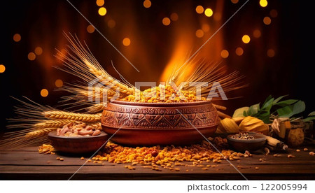 Celebration of Lohri with traditional foods and vibrant decorations in a festive atmosphere Celebration of Lohri with traditional foods and vibrant decorations in a festive atmosphere 122005994