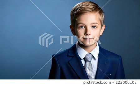 Young boy dressed in formal school uniform showcases confidence and pride 122006105