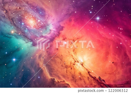 Purple gas nebulae in space and sparkling stars 122006312