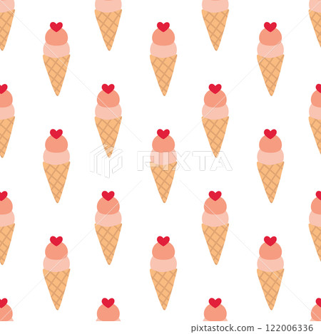 Seamless Pattern. Ice cream in waffle cone with heart. Valentine day sweet food. Vector flat illustration. Seamless Pattern. Ice cream in waffle cone with heart. Valentine day sweet food. Vector flat illustration. 122006336