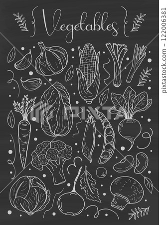 Vertical poster of vegetables and herbs on a chalkboard. Vector poster in doodle style. Kitchen design design, cafe menu. Retro culinary poster. 122006381